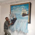Surreal artwork: Liquid waves swirl around ship painting