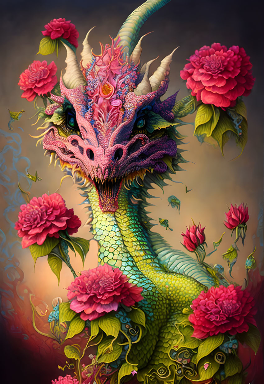 Fantasy dragon illustration with intricate scales and floral motifs