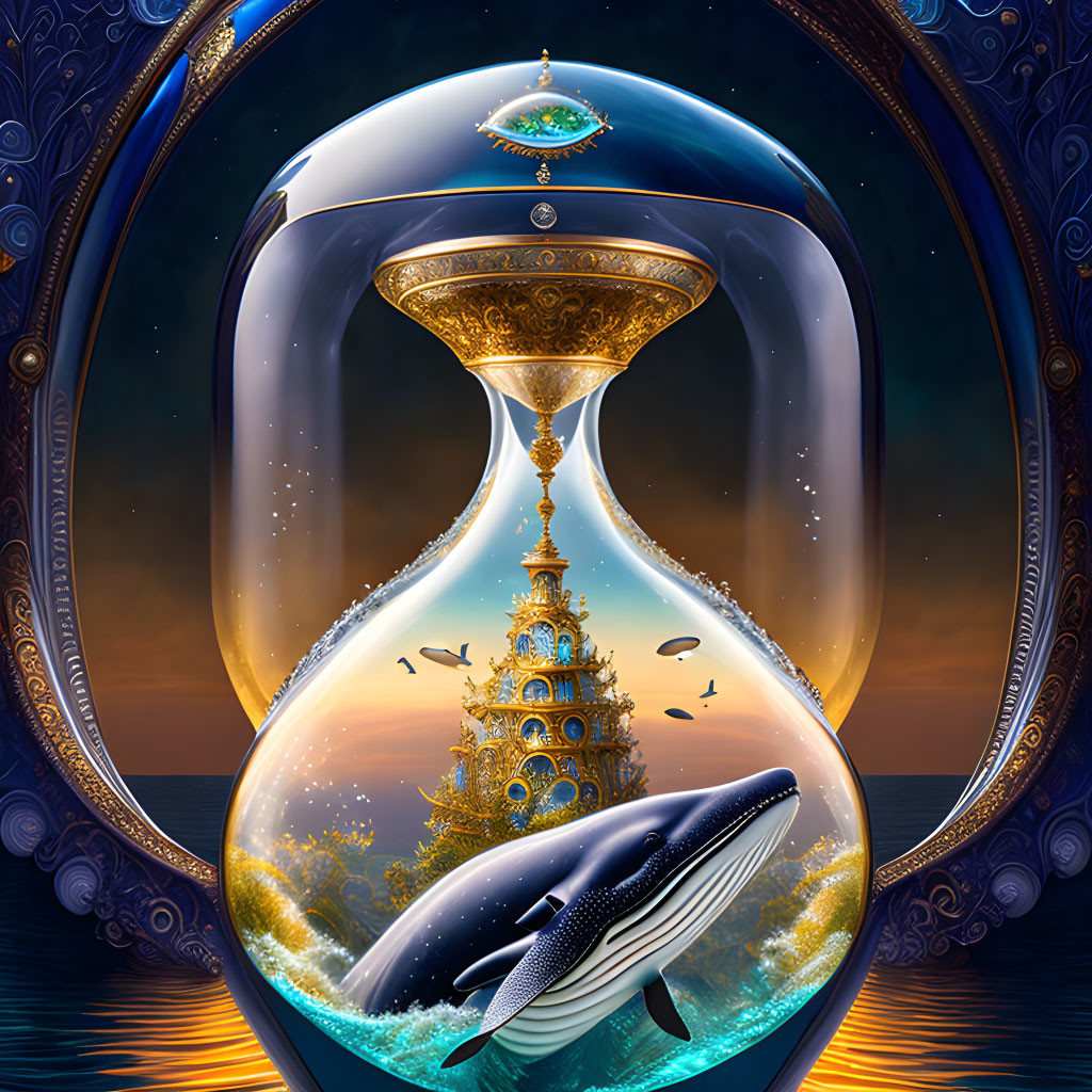 Fantastical hourglass with golden top and surreal scene of castle, ocean, whales, birds,