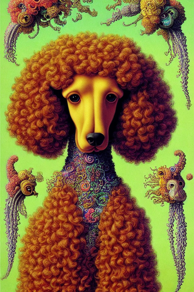 Stylized poodle with ornate neck and vibrant fur on green background.