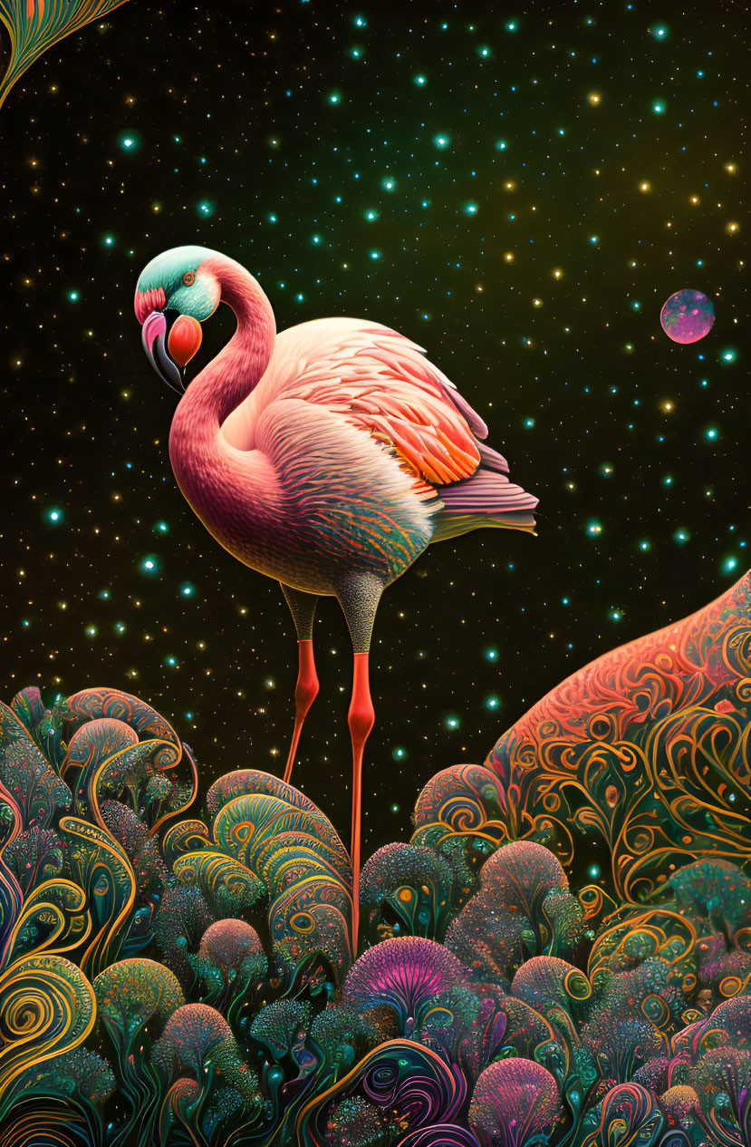 Surreal flamingo illustration with cosmic foliage against starry backdrop