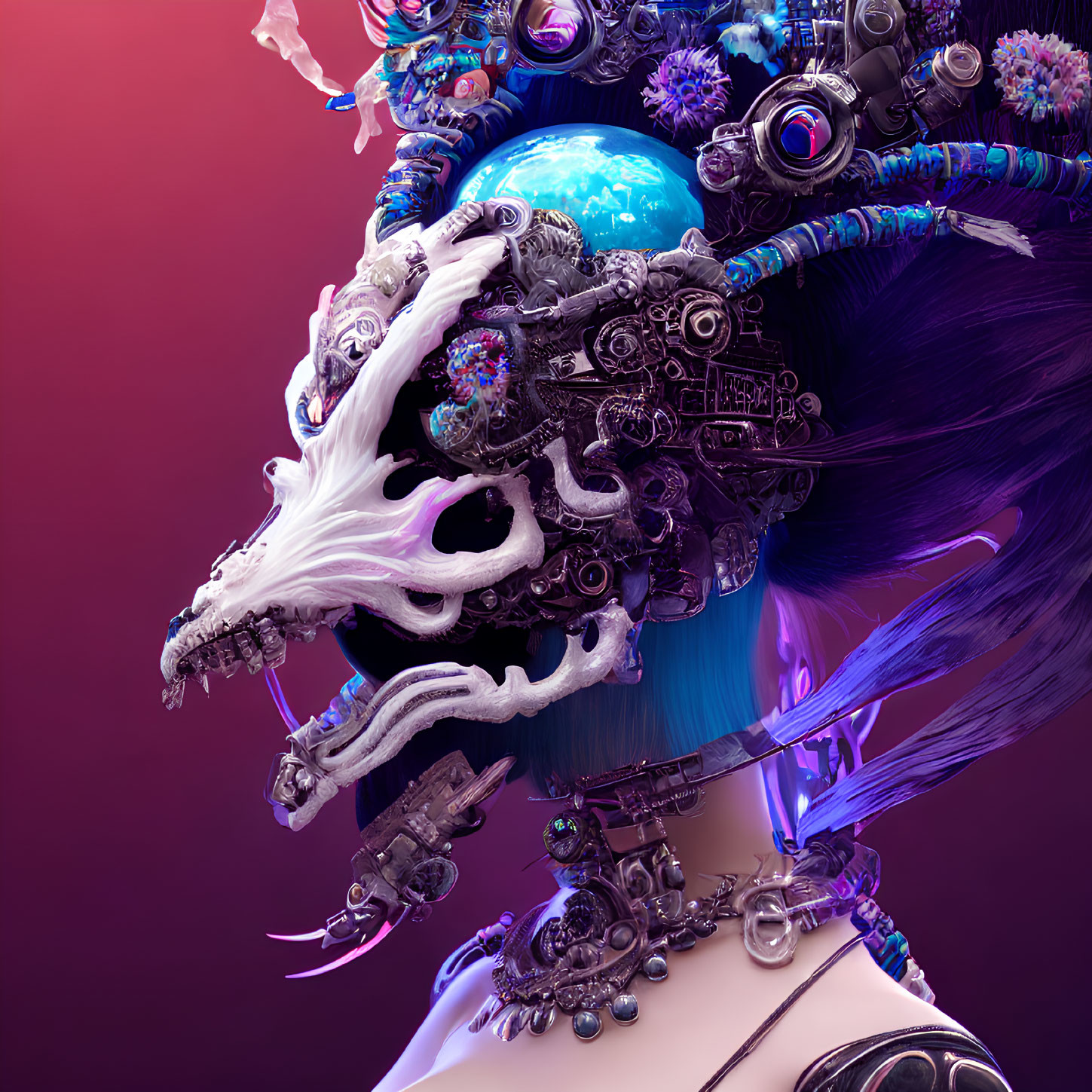 Vibrant cyborg digital art with dragon headgear on purple background