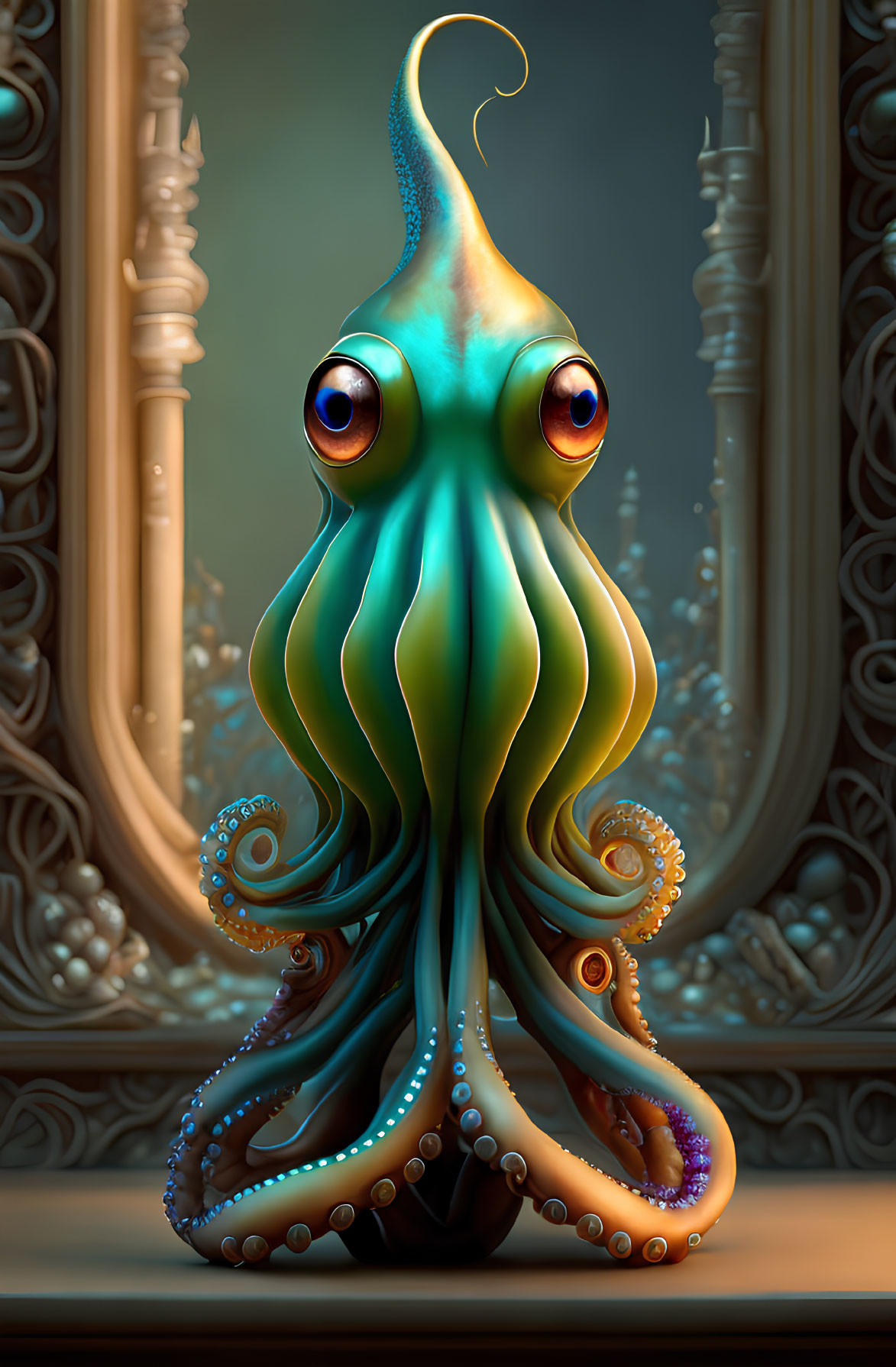 Colorful Anthropomorphic Squid in Front of Golden Frames