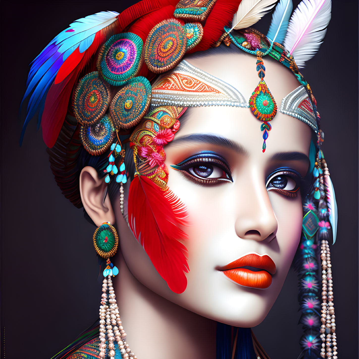 Digital artwork features woman in vibrant feathered headdress and cultural motifs