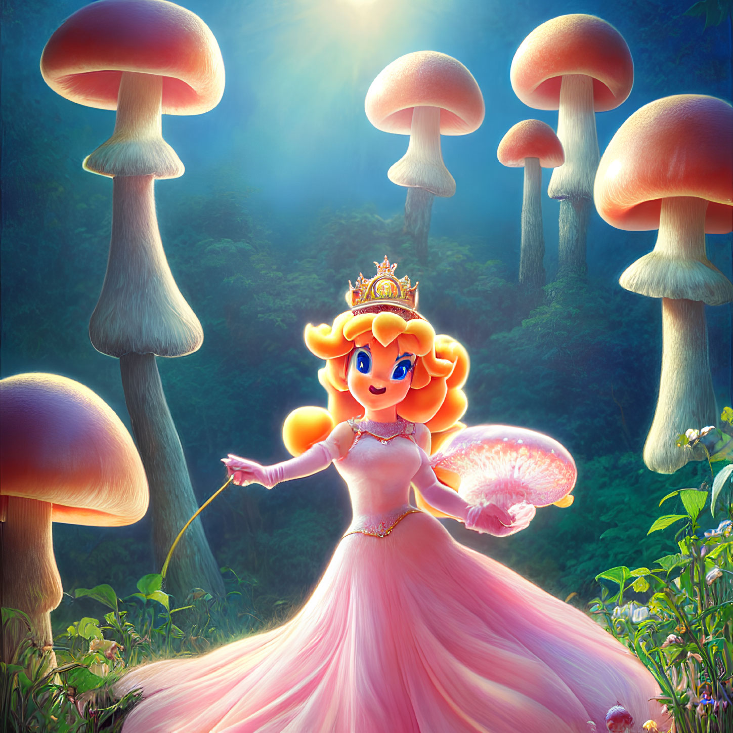 Princess in pink gown surrounded by luminescent mushrooms in enchanted forest