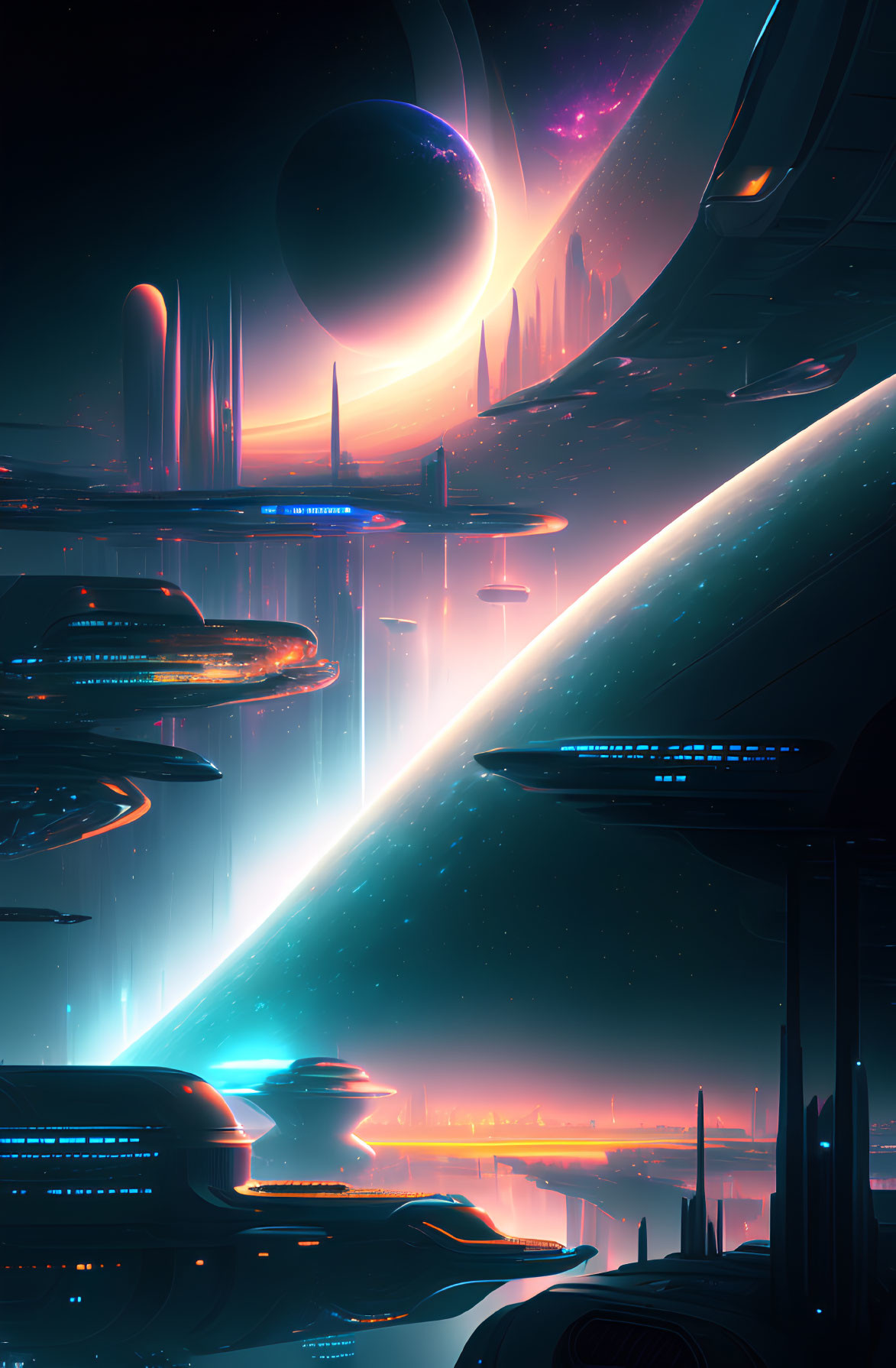Futuristic cityscape with towering skyscrapers and large planet in the background