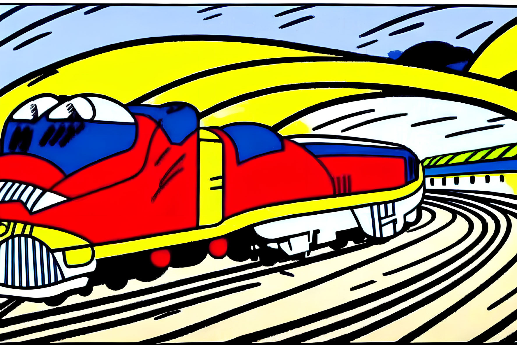 Colorful Cartoon Train Traveling Through Curved Landscape