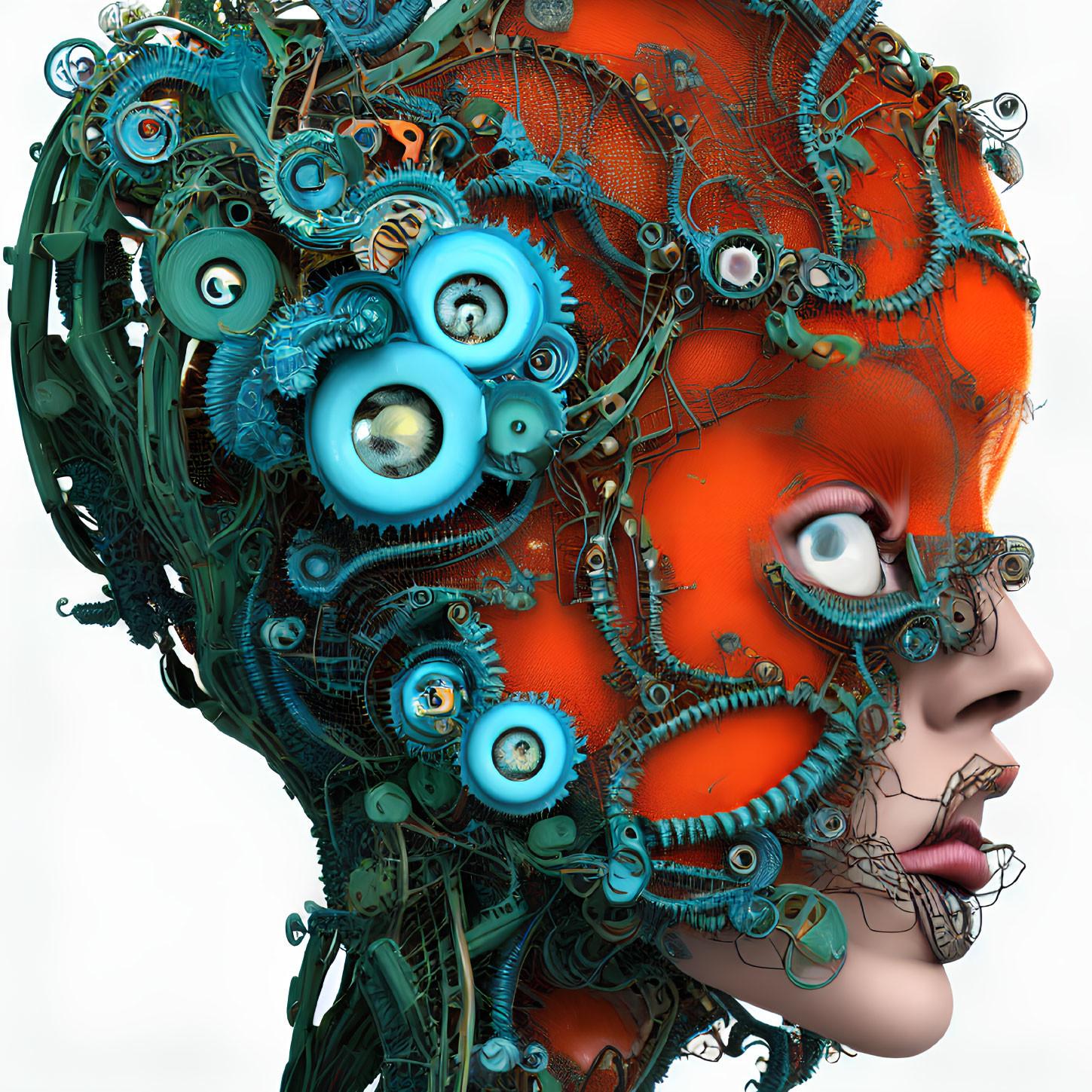 Intricate surreal portrait of woman's head with mechanical gears and organic shapes in vibrant orange and green