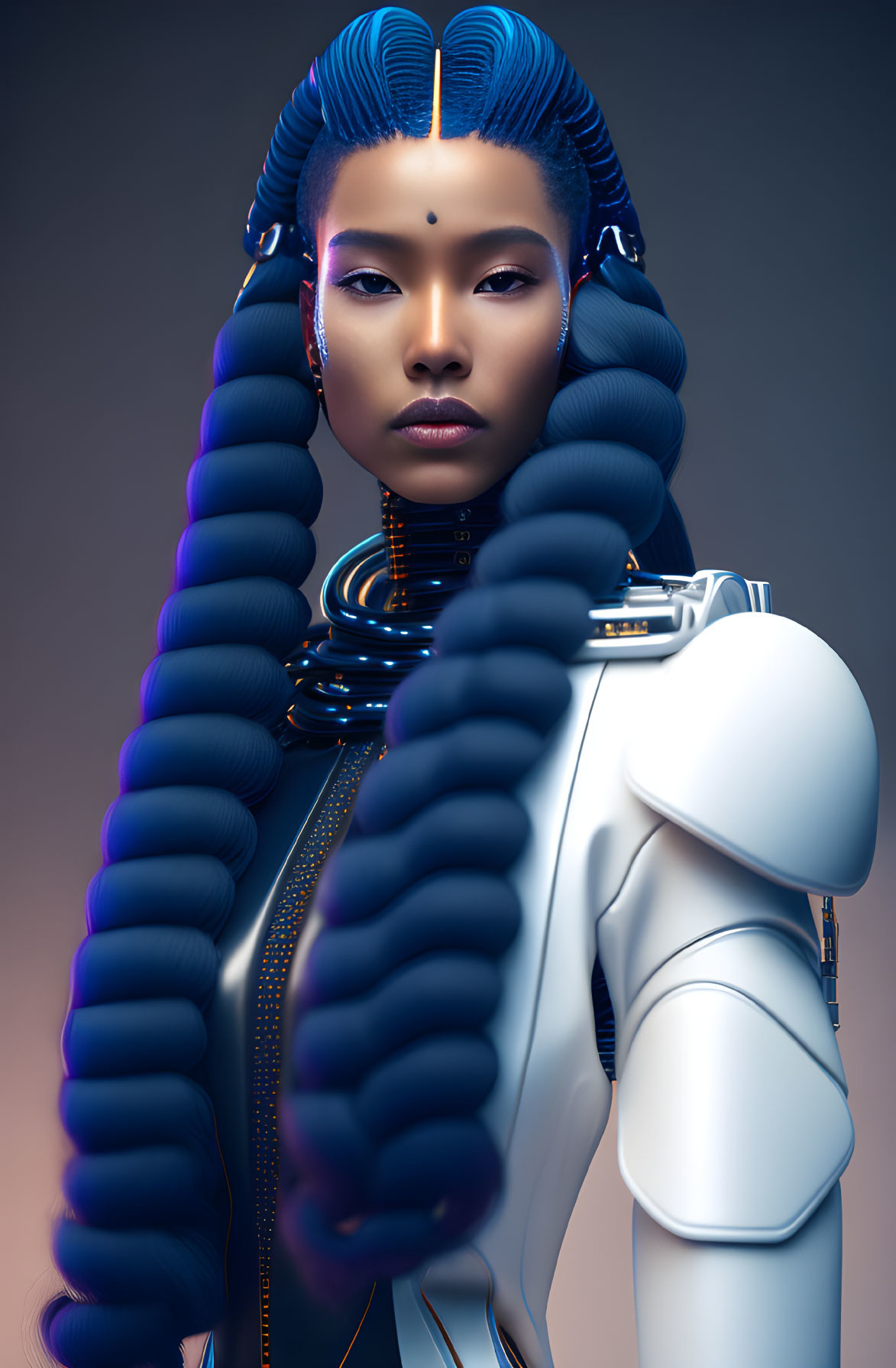 Futuristic woman with blue braids and robotic attire