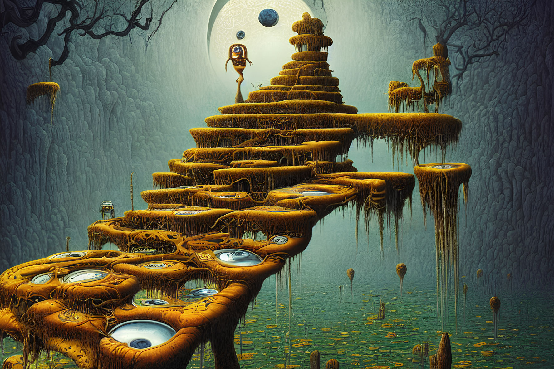 Surreal landscape with spiraling staircase, eyes, door in sky, orbs, and trees
