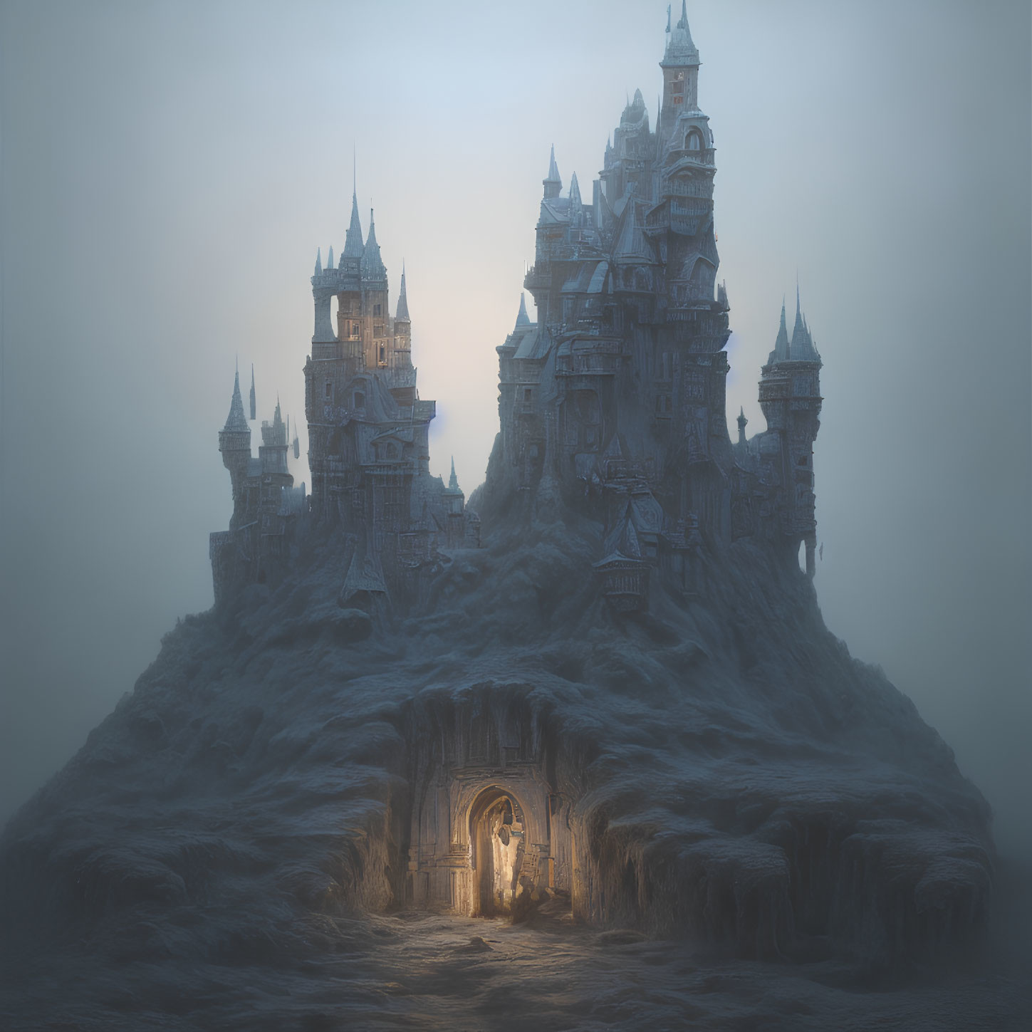 Mystical castle with spires in mist on rocky hill with glowing entrance