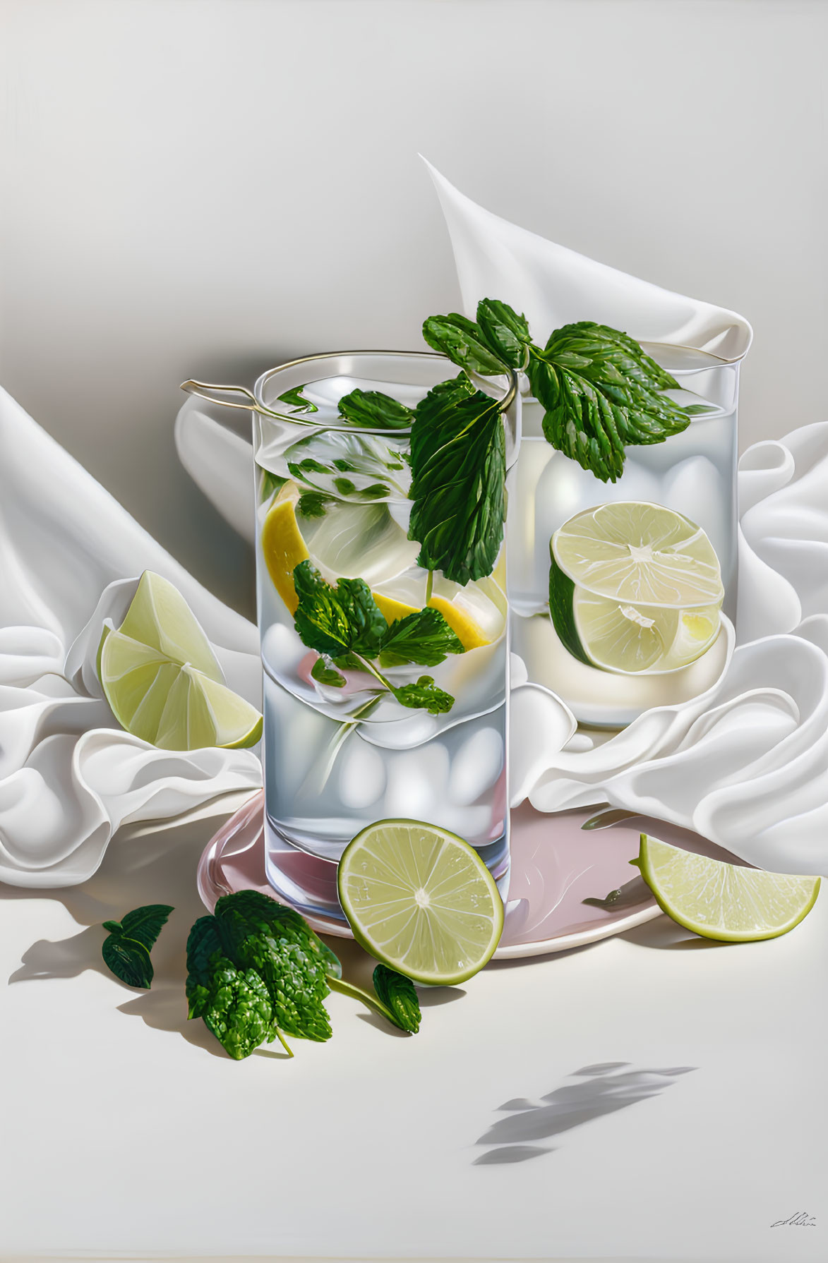 Realistic illustration: Glass of water with lemon, mint, ice on plate.