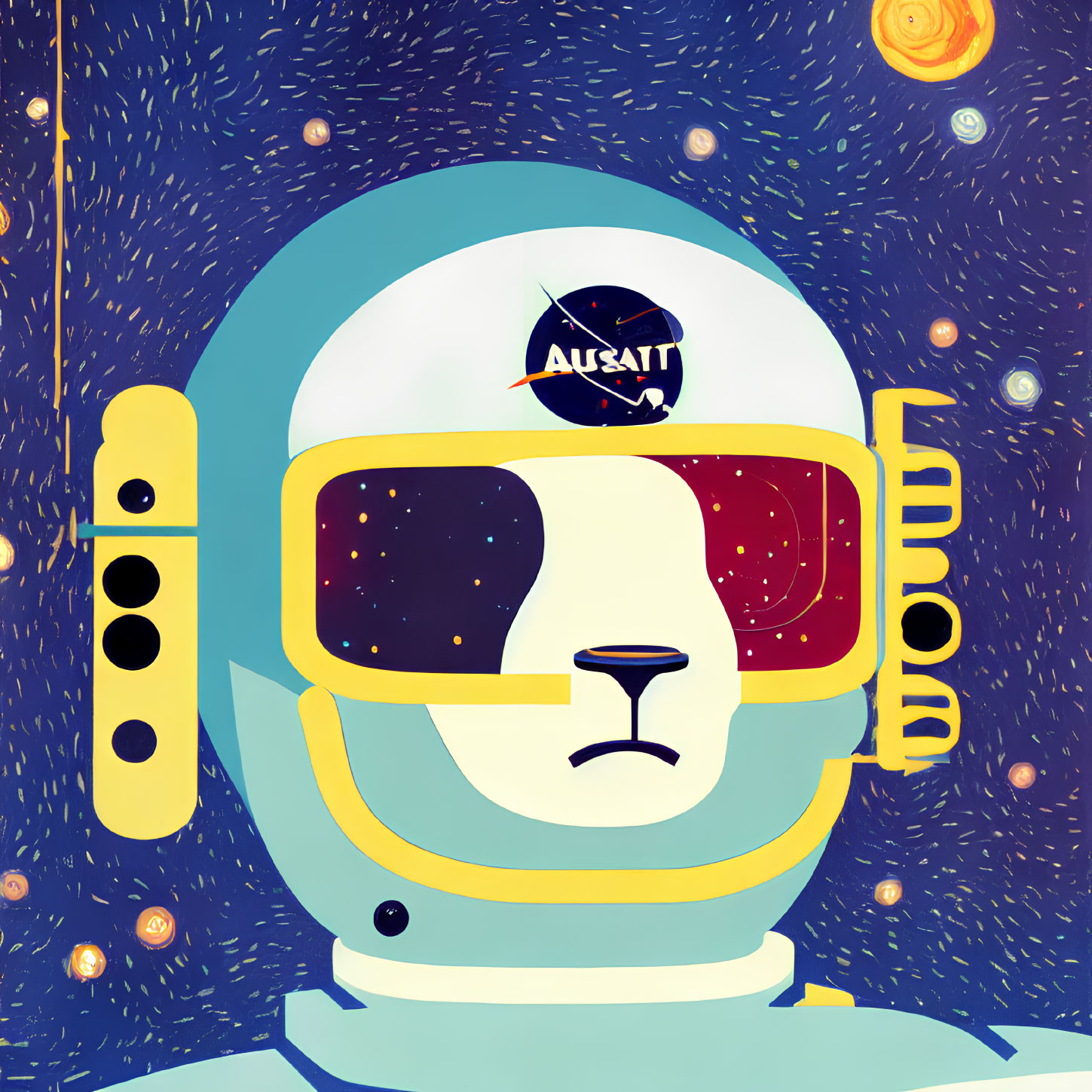 Stylized astronaut helmet with starry cosmos reflection and spacecraft insignia