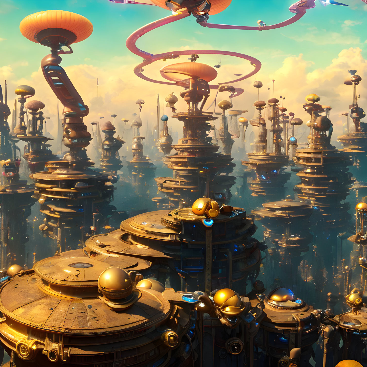 Futuristic cityscape with towering spires and flying vehicles in golden sky