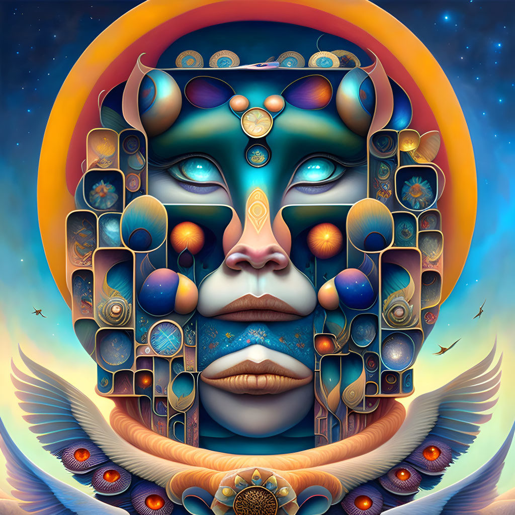 Surreal portrait with cosmic and geometric motifs and central face with wings in circular starry backdrop