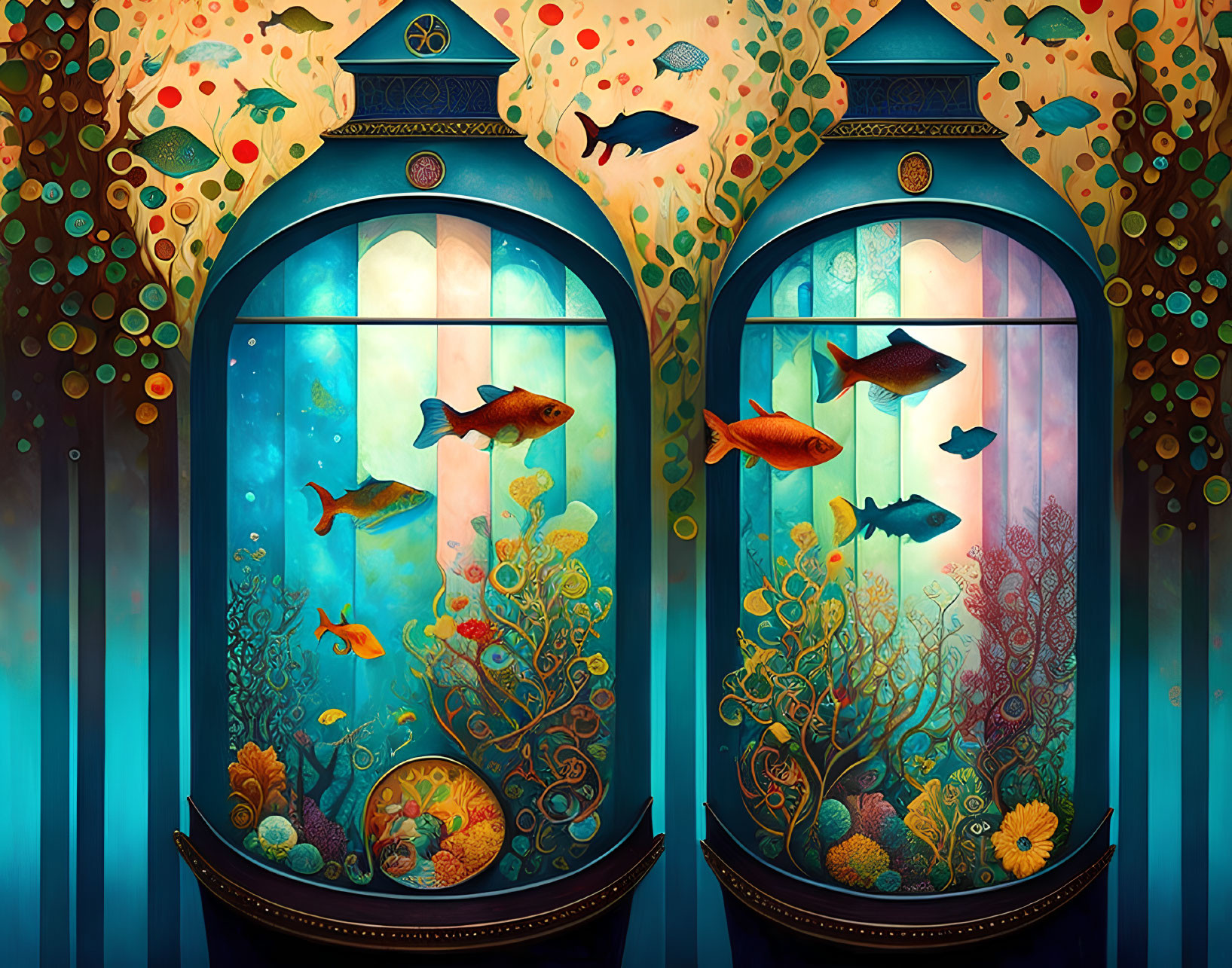 Ornate arch-topped aquariums with vibrant fish and coral in whimsical nature backdrop