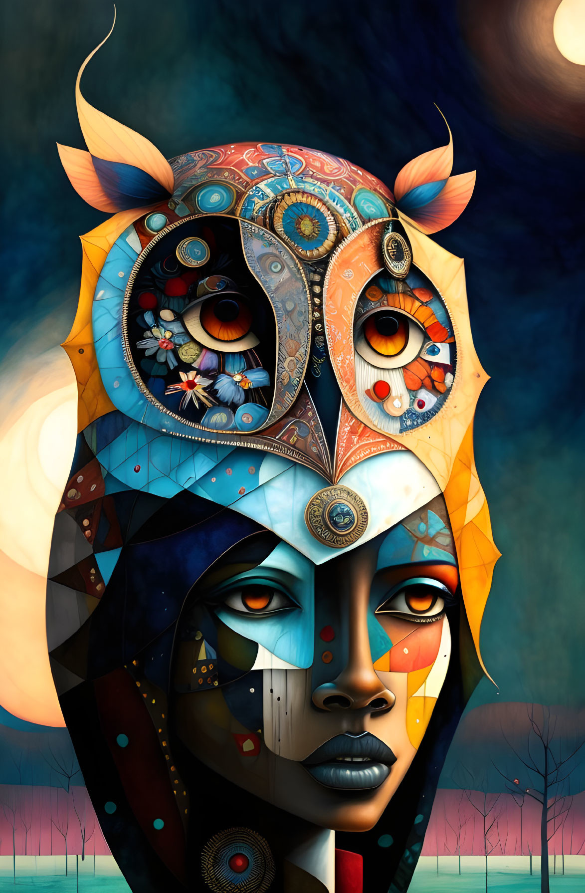 Colorful surreal portrait of a woman with ornate owl mask in evening landscape