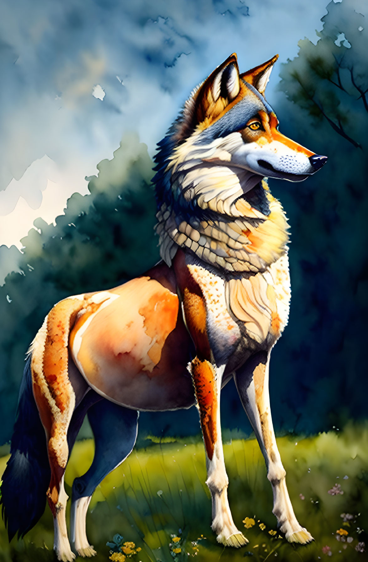Detailed anthropomorphic fox in natural setting with orange, white, and black fur.