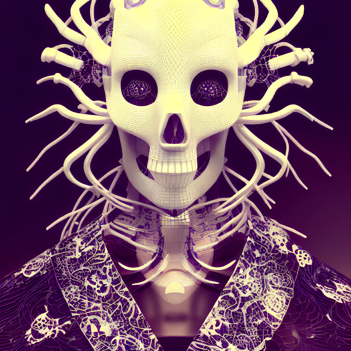 Stylized 3D render of human figure with skull head and intricate patterns