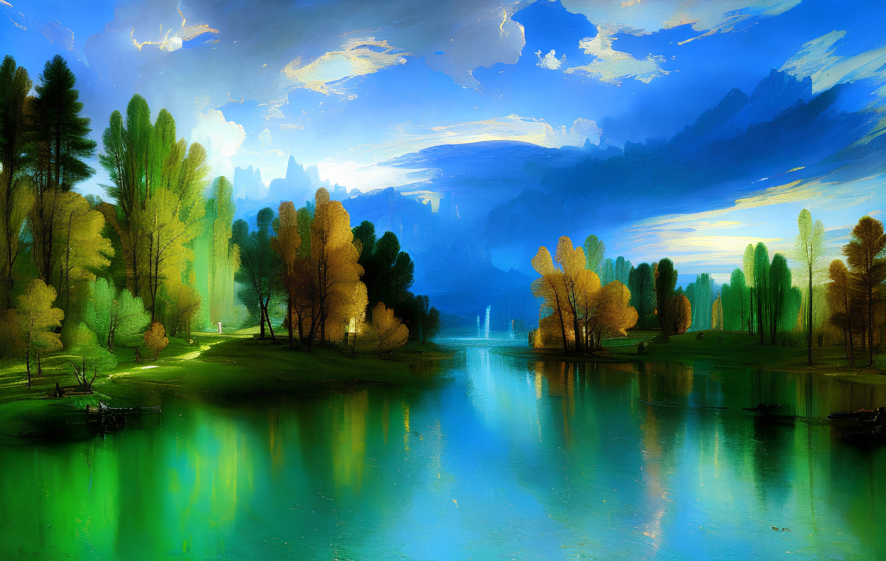 Tranquil landscape painting: river, vibrant reflections, lush trees, distant mountains, blue sky