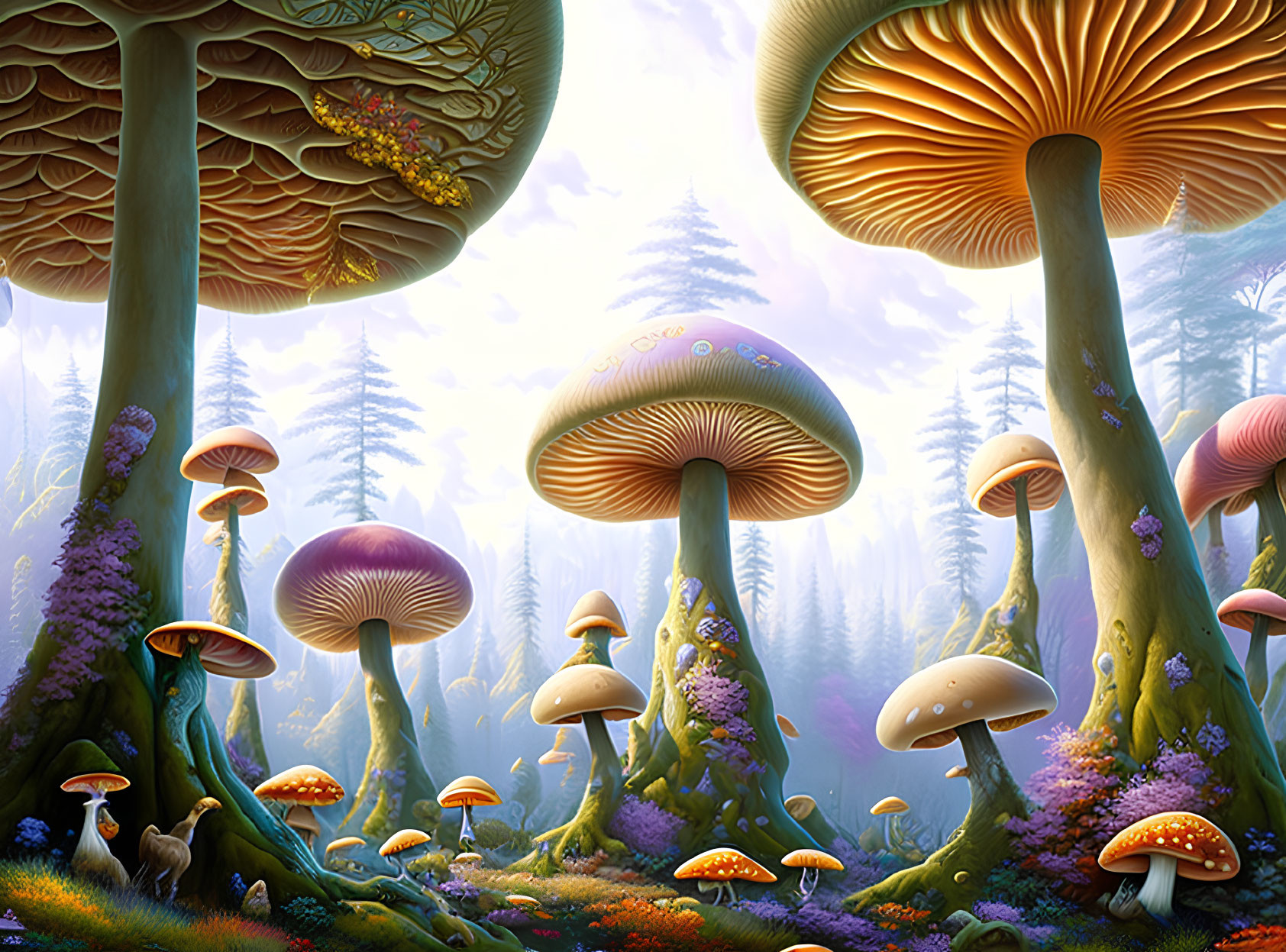 Colorful Fantasy Forest with Oversized Mushrooms & Glowing Sky