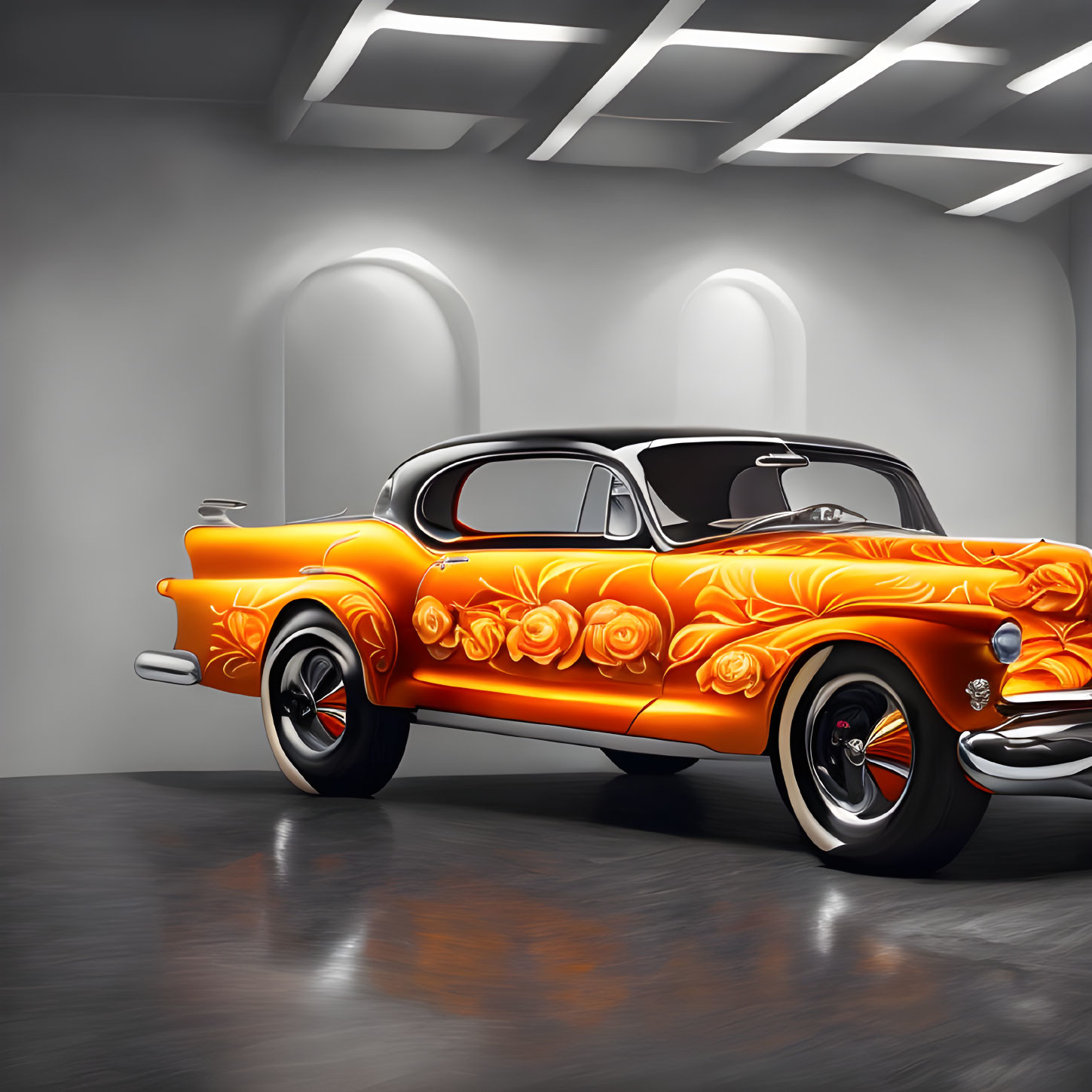 Vintage Orange Car with Flame and Rose Design in Grey Interior