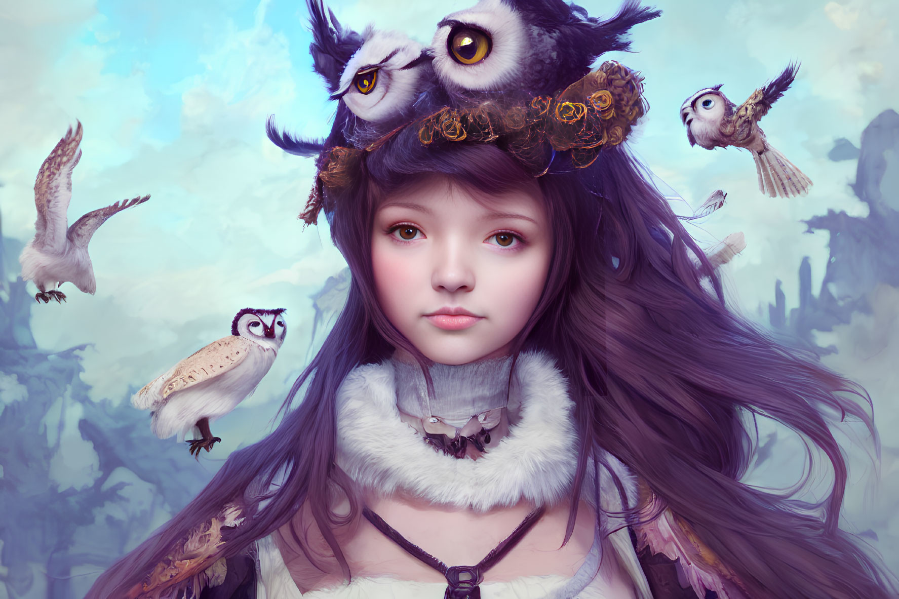 Dark-haired girl with owls in dreamlike landscape.