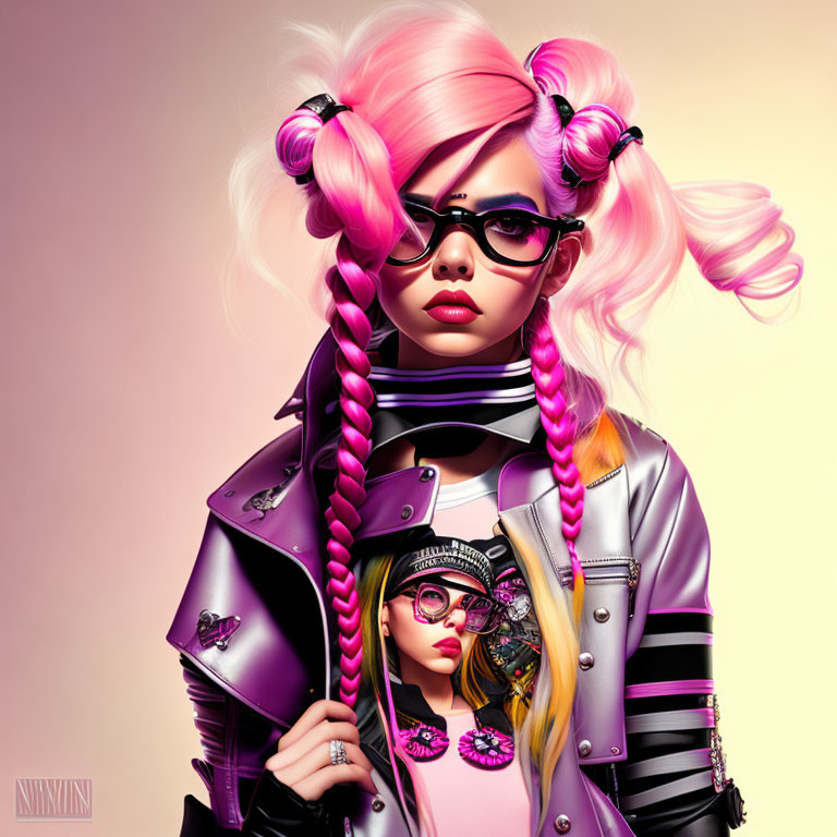 Digital portrait of woman with pink hair in buns and braids, purple leather jacket, and round