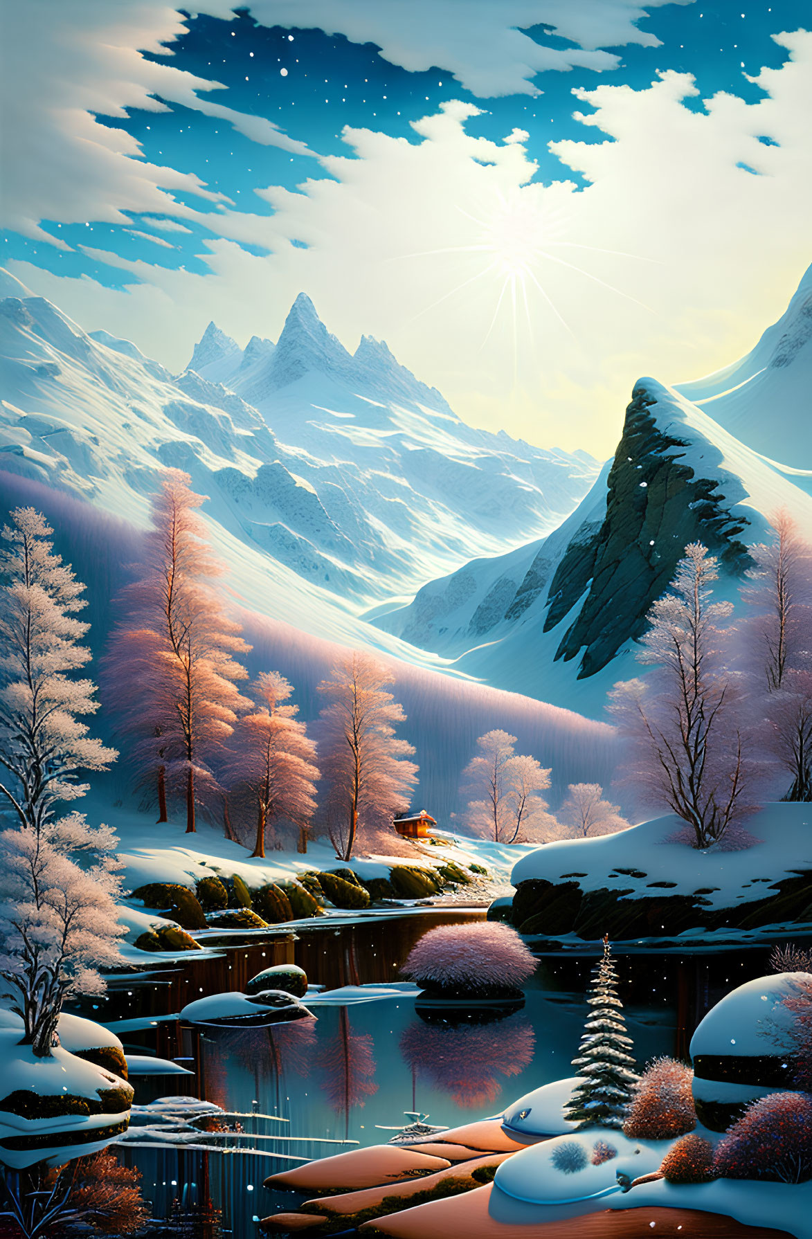 Snow-covered trees, cabin, lake, mountains, and sun in serene winter landscape