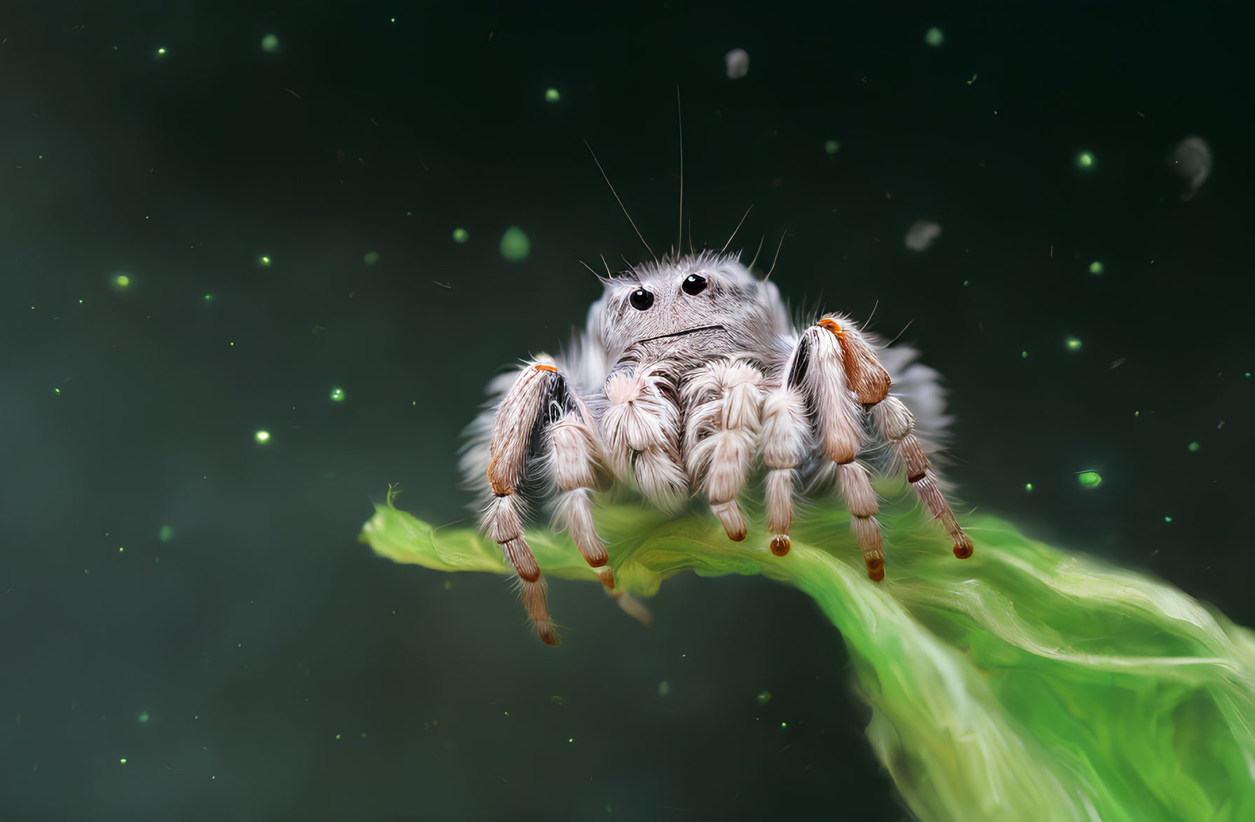 Jumping Spider Close-Up on Green Leaf with Soft Green Lights