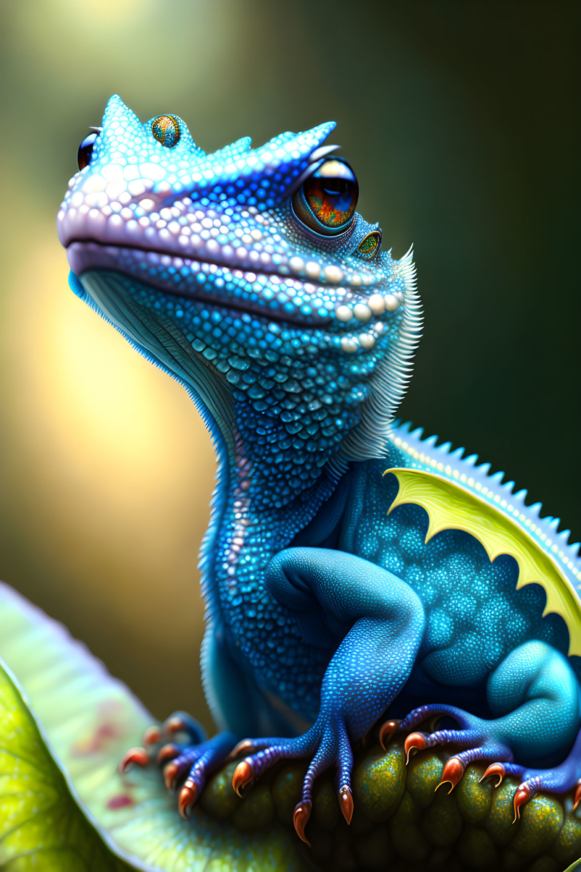 Detailed Blue Gecko with Orange Eyes on Green Surface