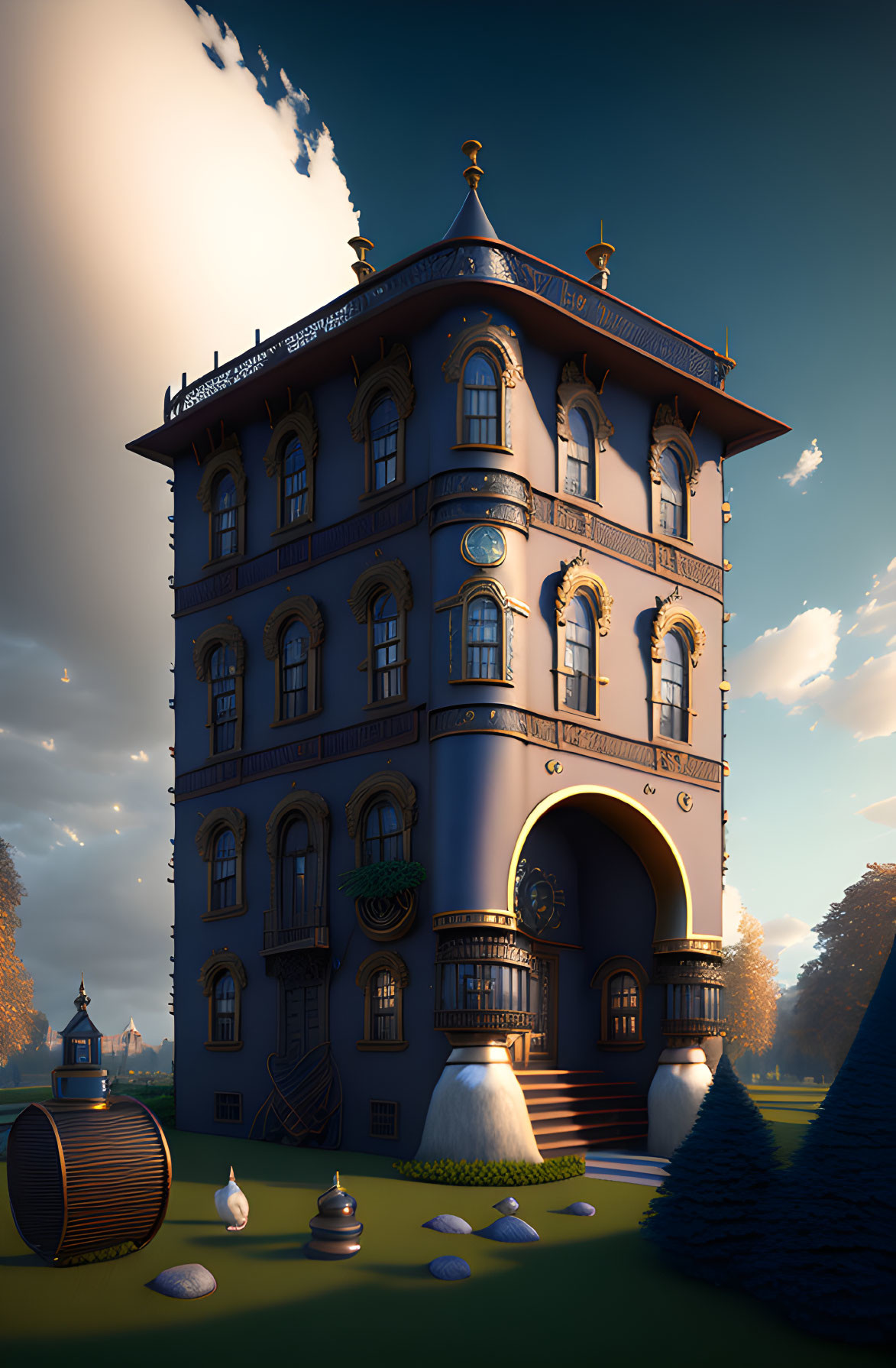 Whimsical narrow building with circular windows and ornate balconies at sunset