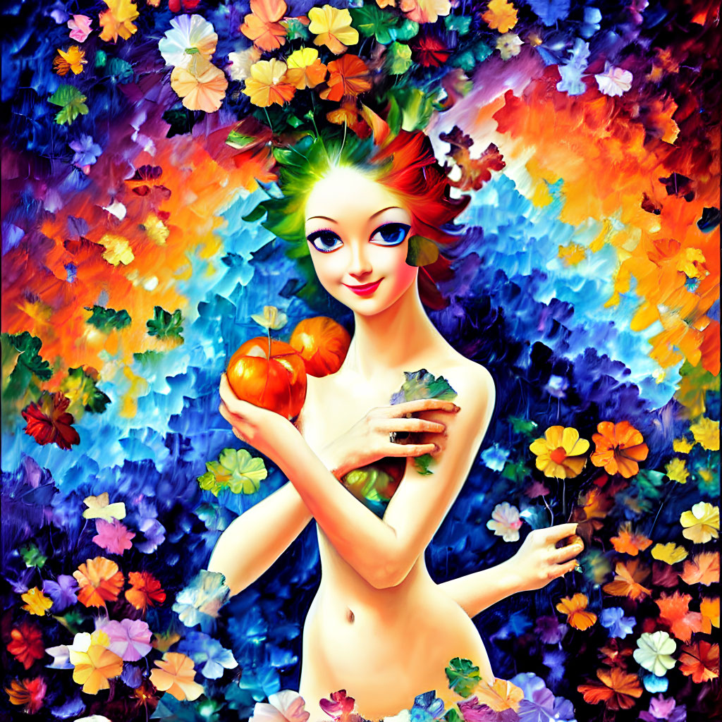 Vibrant digital artwork: whimsical female figure with fruit in colorful floral setting