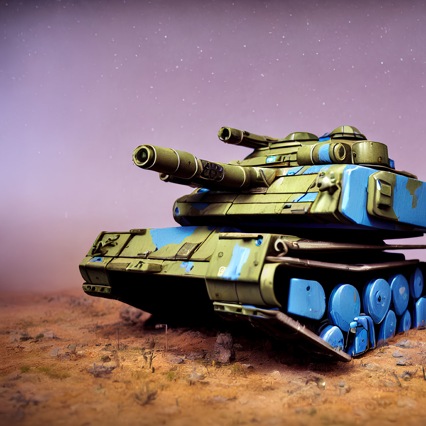 Futuristic dual-barreled tank on rocky terrain under starry sky