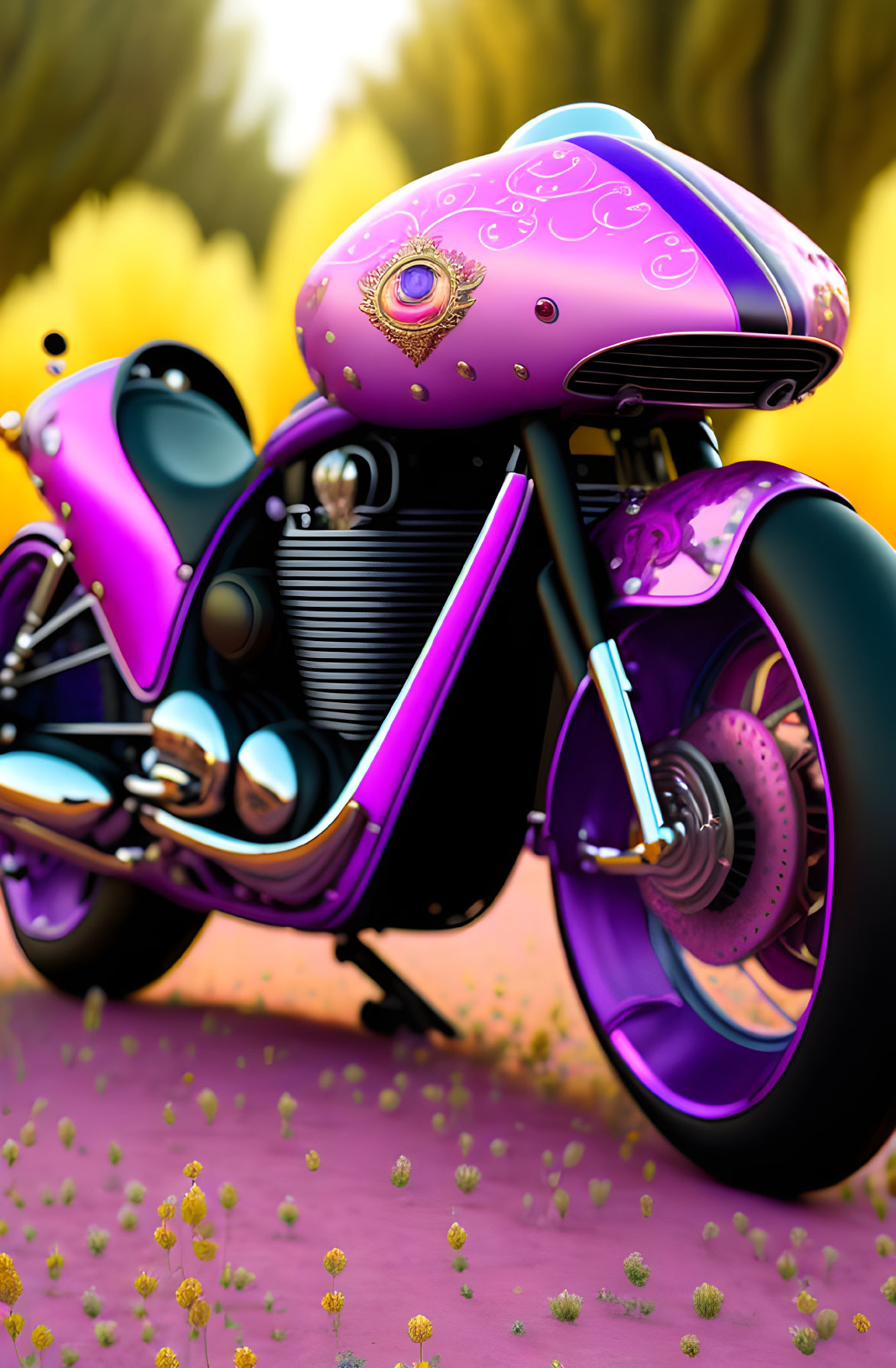 Purple Motorcycle with Ornate Designs in Field of Yellow Flowers