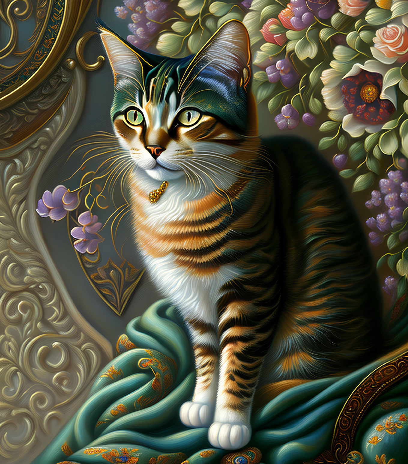 Detailed painting of a cat with intricate fur patterns and opulent floral motifs