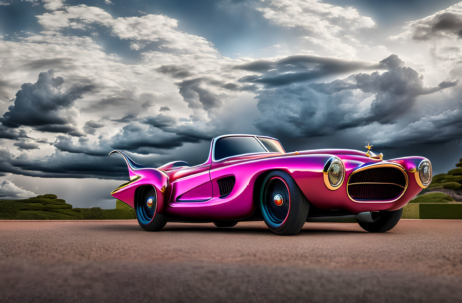 Pink classic convertible with exaggerated tailfins under dramatic cloudy sky