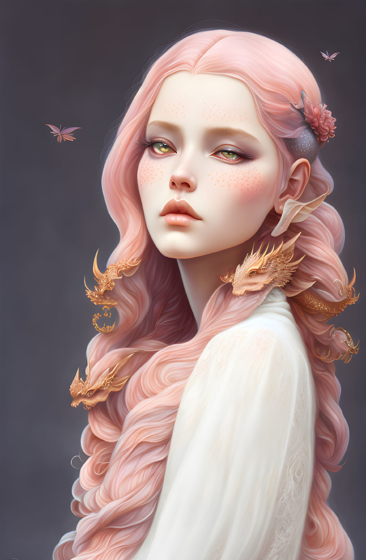 Digital artwork: Woman with pink hair, freckled skin, gold dragon ornaments, and flying creatures