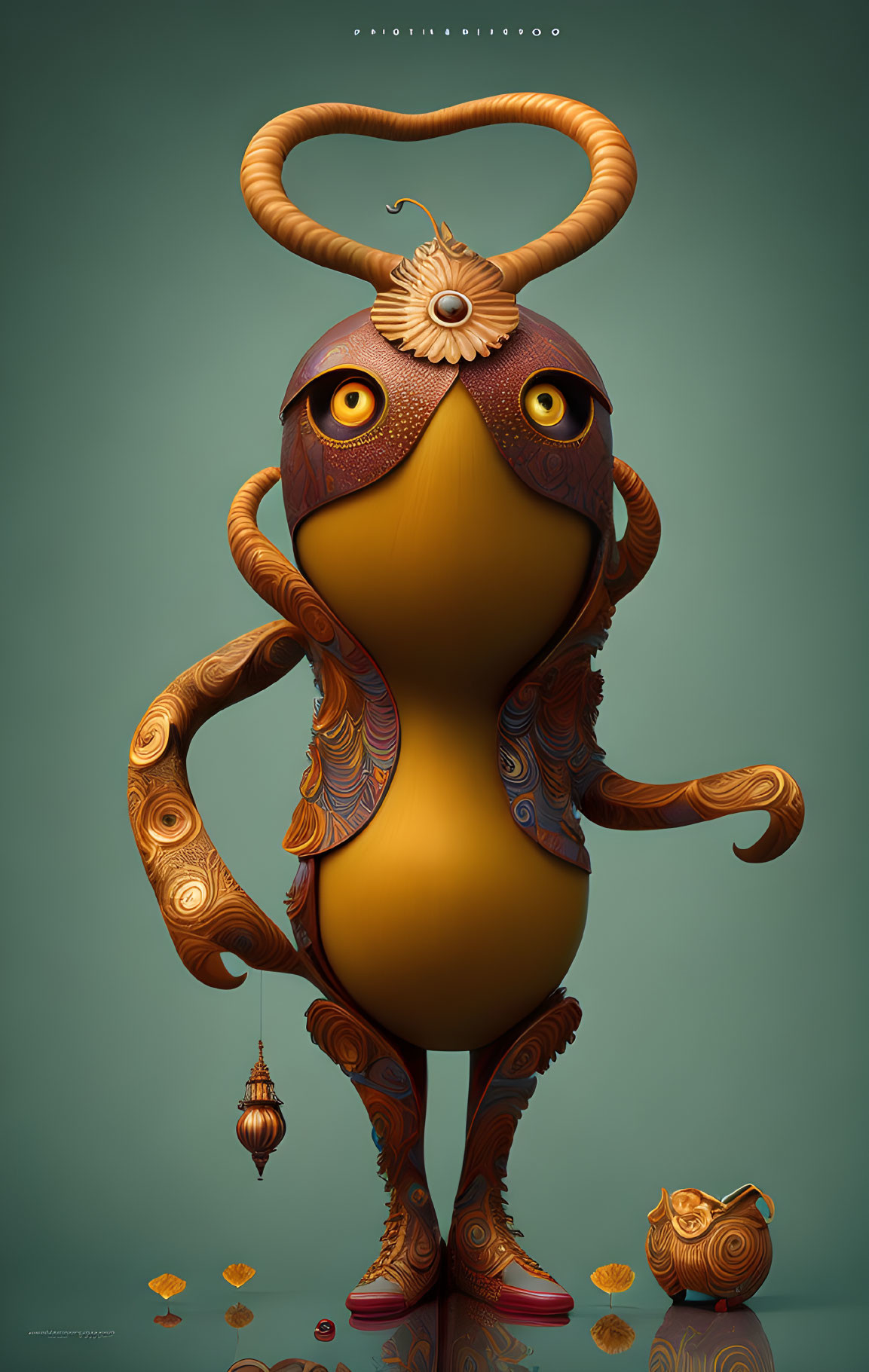 Digital artwork featuring anthropomorphic owl character with ornate patterns, lantern, and leaves