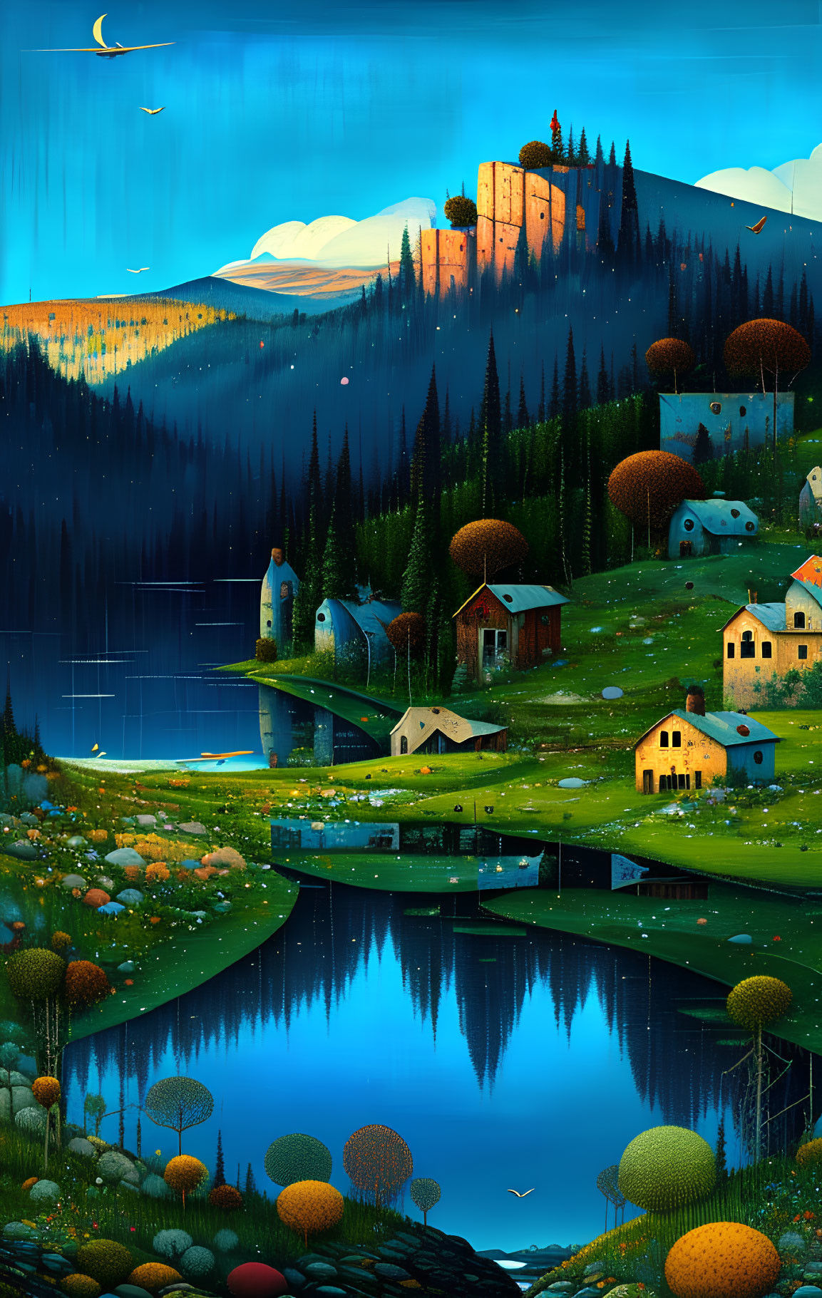 Nighttime digital artwork featuring serene lake, cozy houses, lush greenery, distant hills, and castle