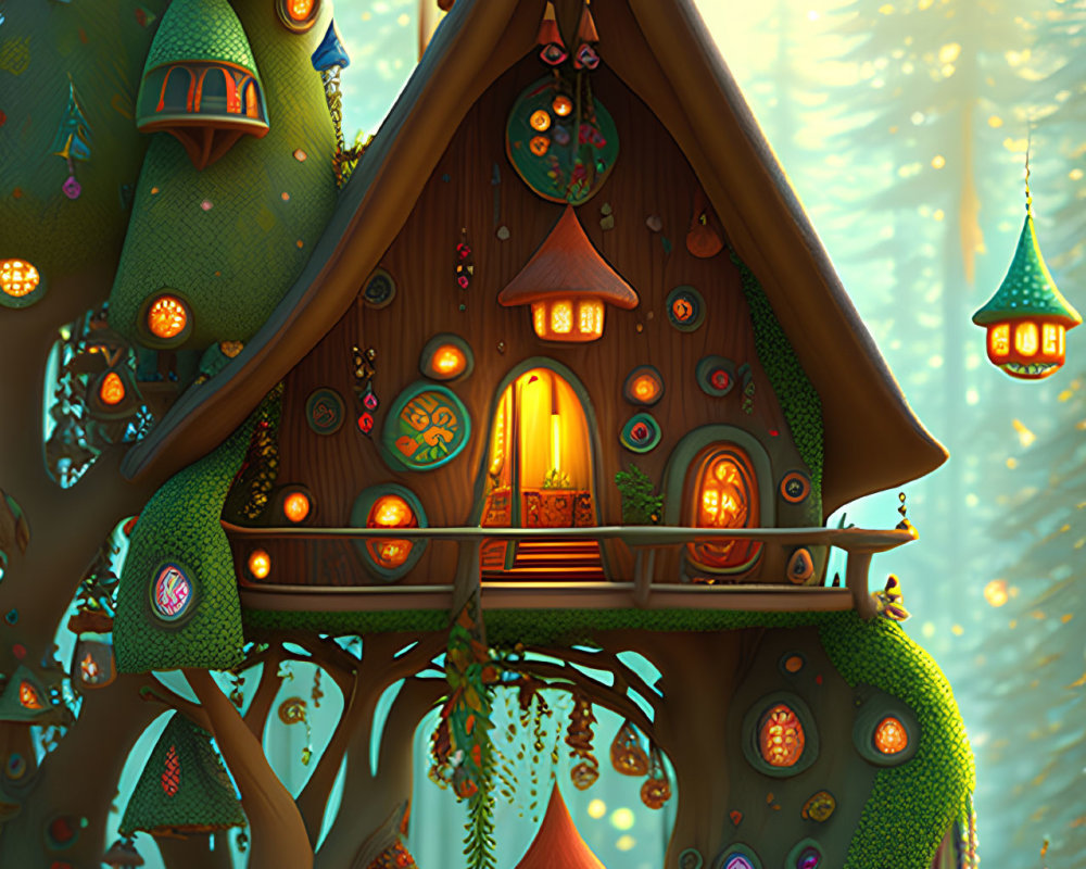 Whimsical treehouse nestled in magical forest