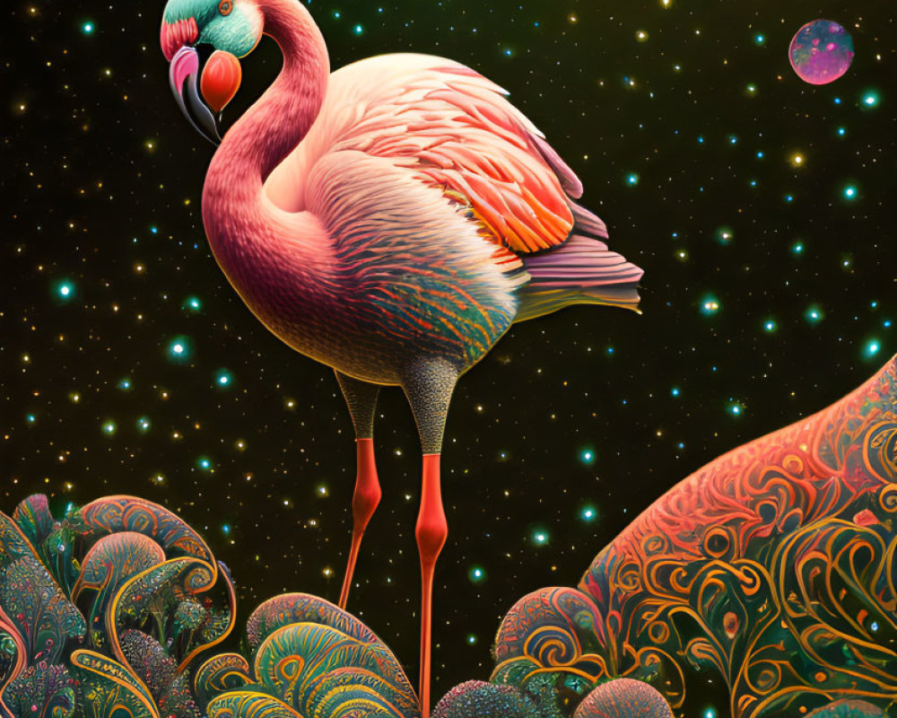 Surreal flamingo illustration with cosmic foliage against starry backdrop