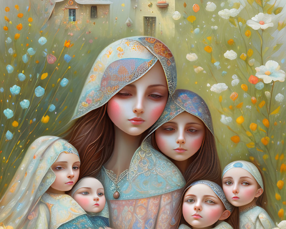 Five serene female figures in ornate headscarves in whimsical meadow.
