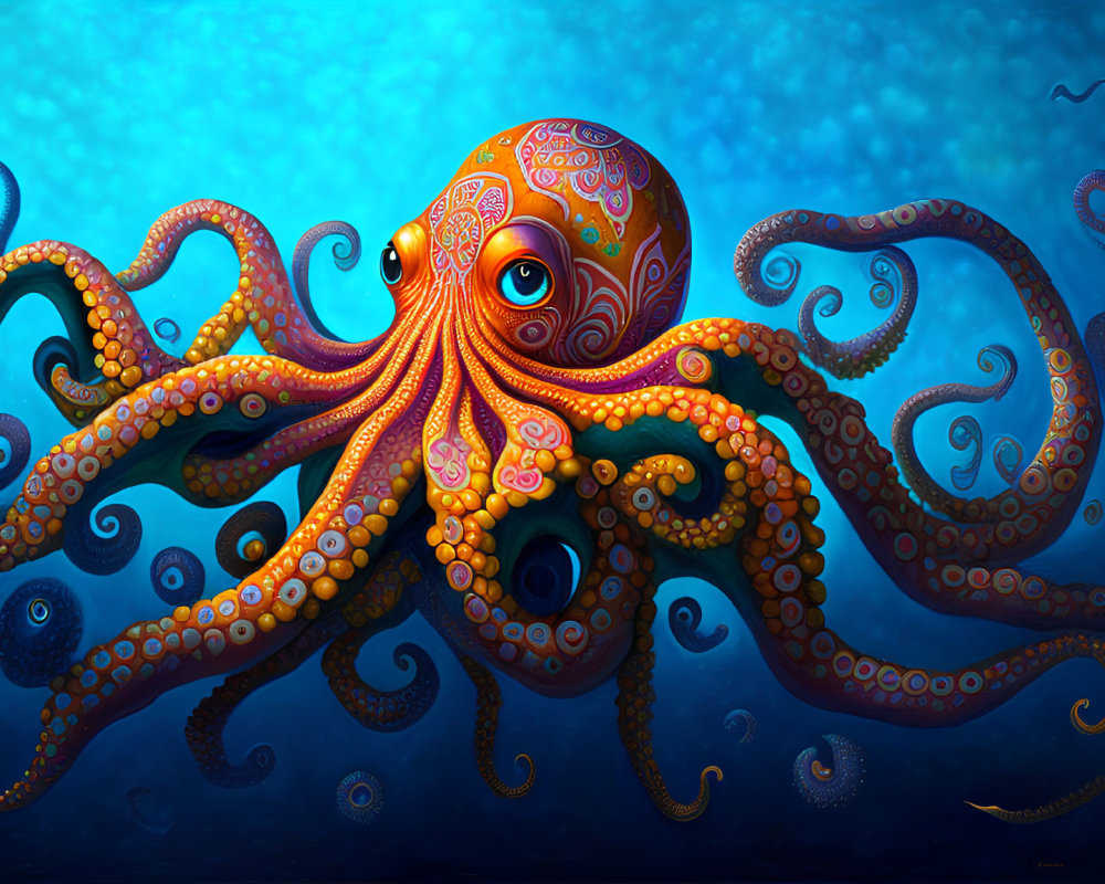 Colorful octopus illustration with intricate patterns in deep blue ocean