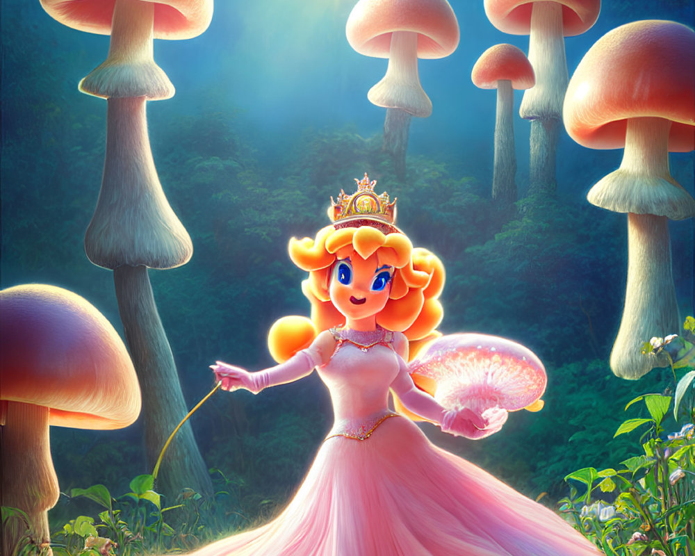 Princess in pink gown surrounded by luminescent mushrooms in enchanted forest