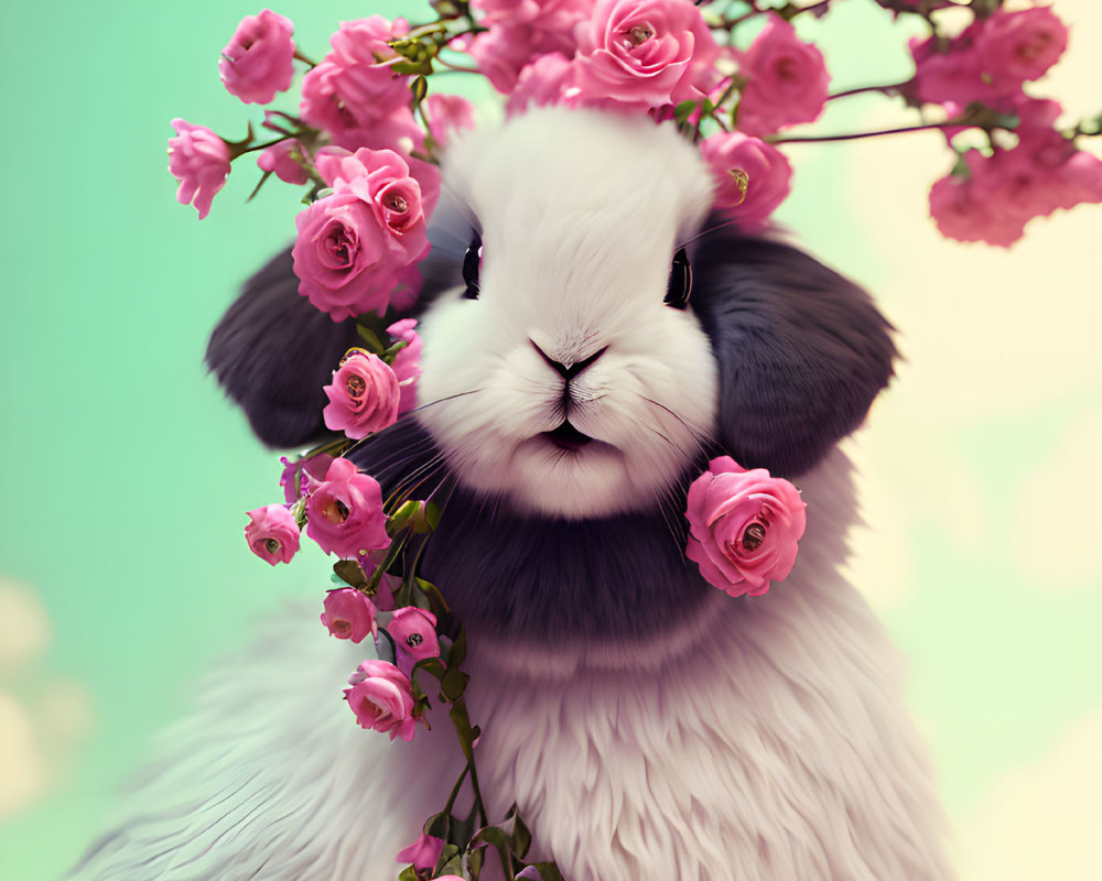 Fluffy Bunny with Pink Roses on Pastel Background