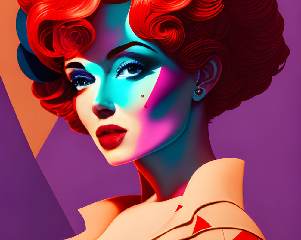 Colorful Vintage Style Illustration of Woman with Red Hair