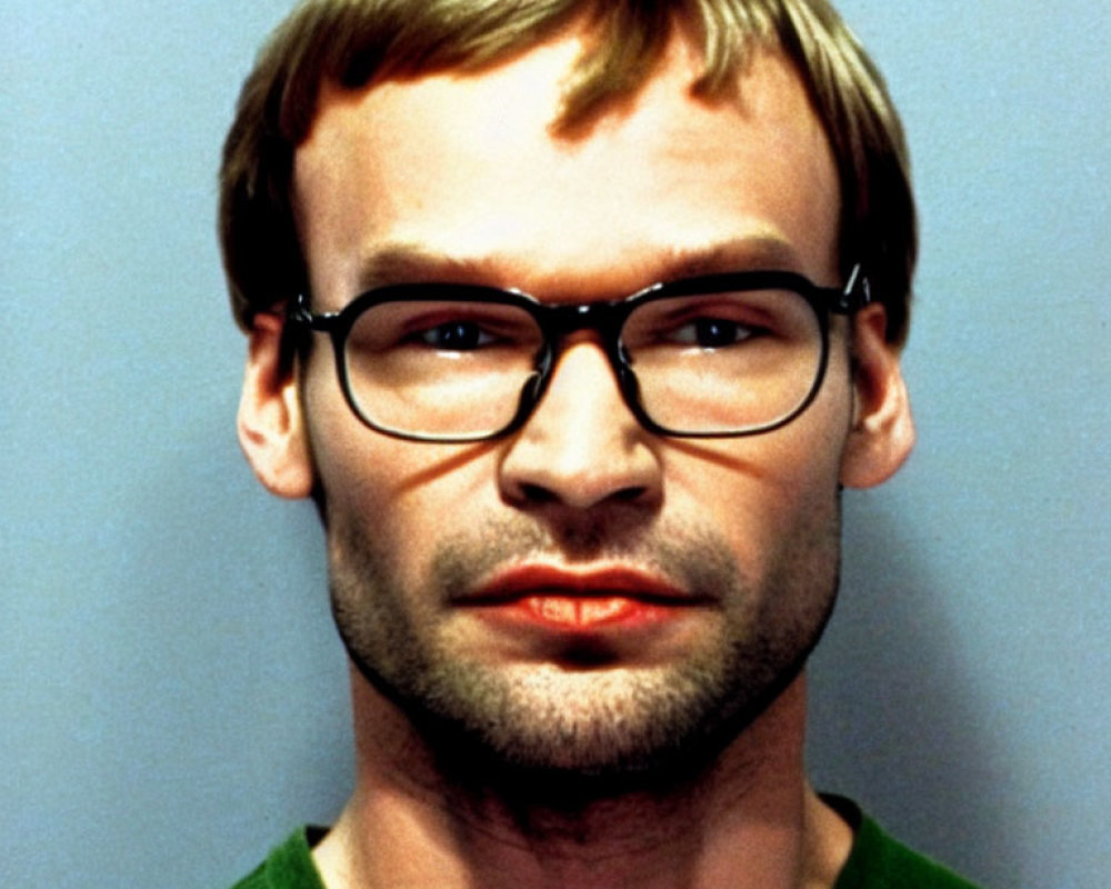 Man with Light Stubble in Black Glasses and Green T-Shirt gazes neutrally.