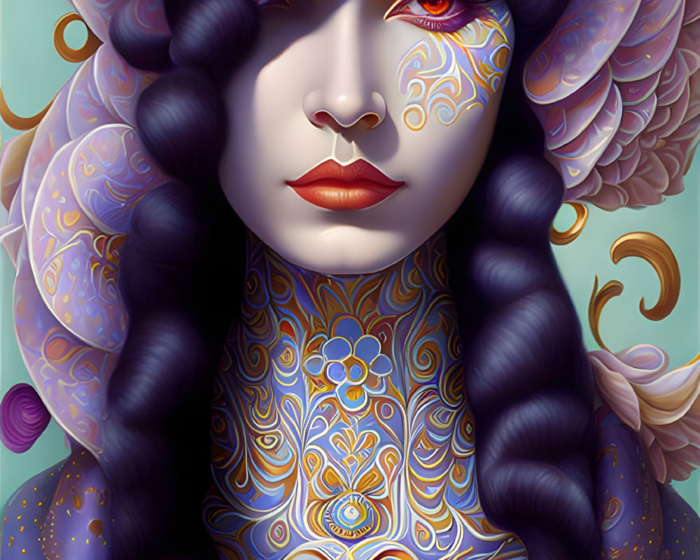 Illustrated woman with intricate skin designs and vibrant colors.