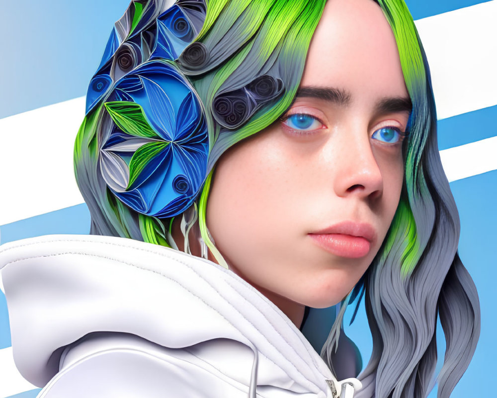 Portrait of a person with green and blue hair in white hoodie on blue and white backdrop